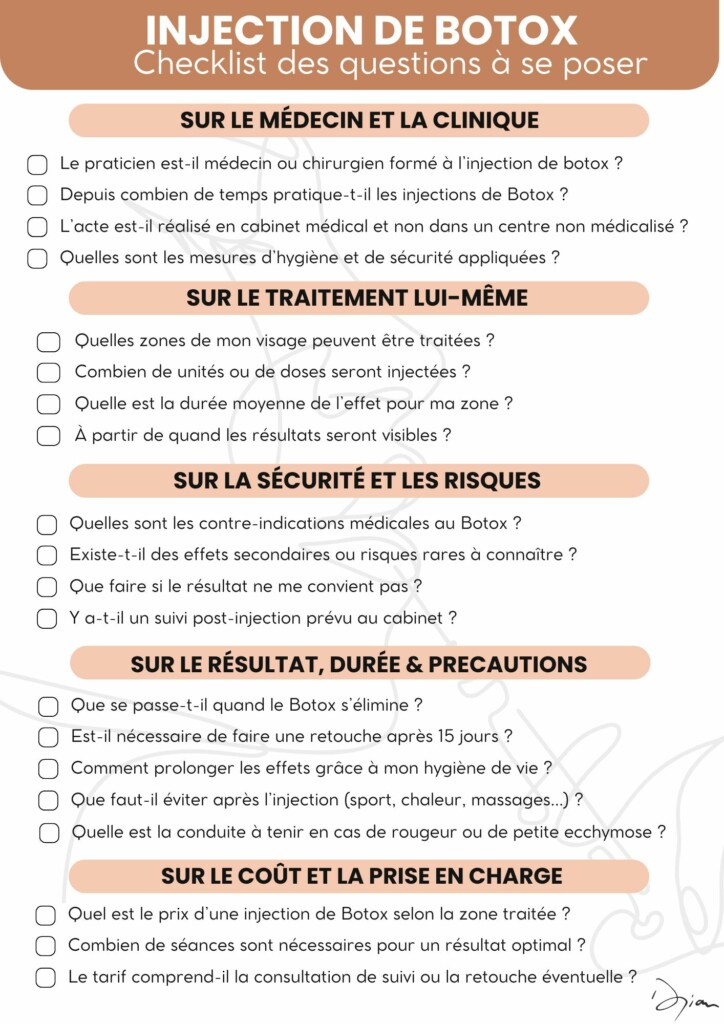 Check list de toutes les questions à se poser ou à poser à un médecin esthétique avant de faire des injections de botox pour en connaitre les effets